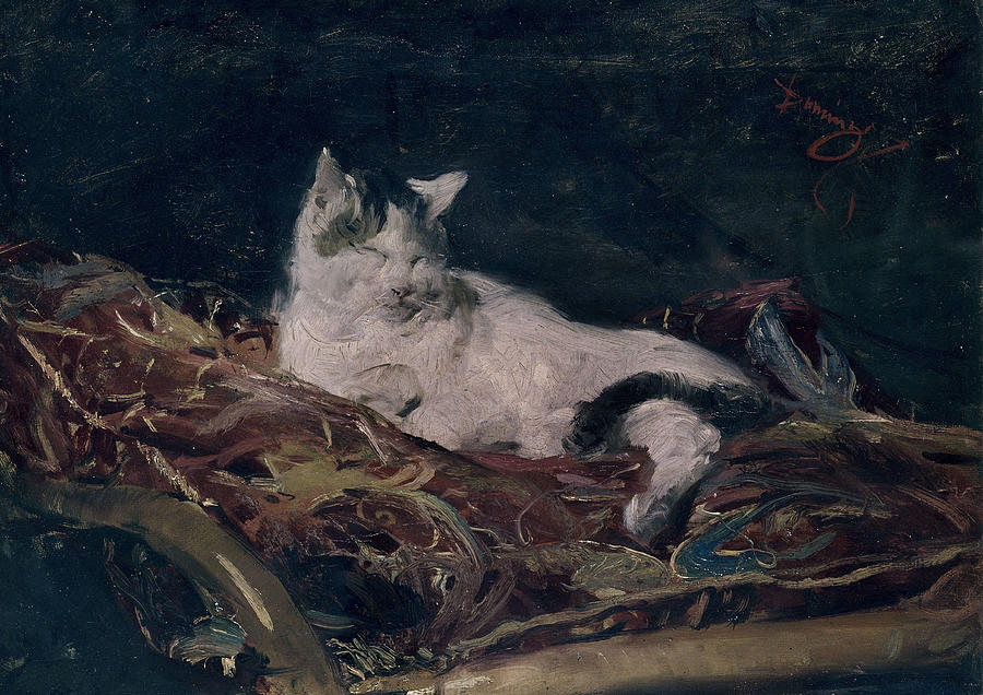 The Cat On The Cushion. Painting by Francisco Domingo Marques -1842-1920-