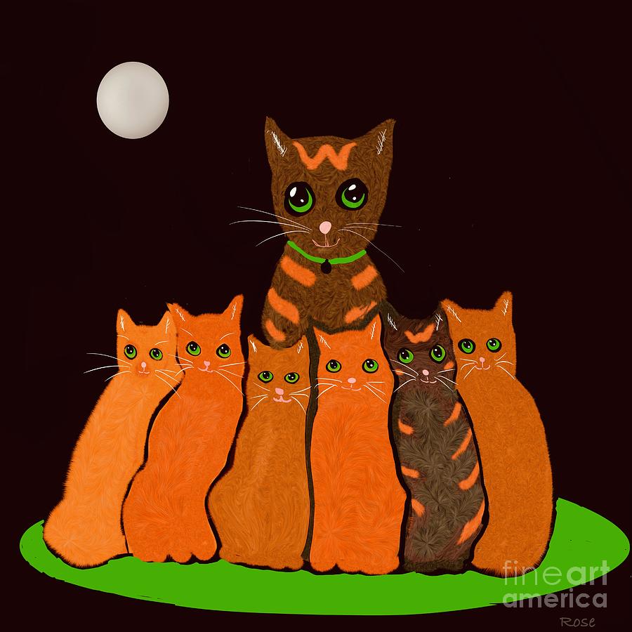 The cat returns home with a present of six little kittens Digital Art by Elaine Hayward