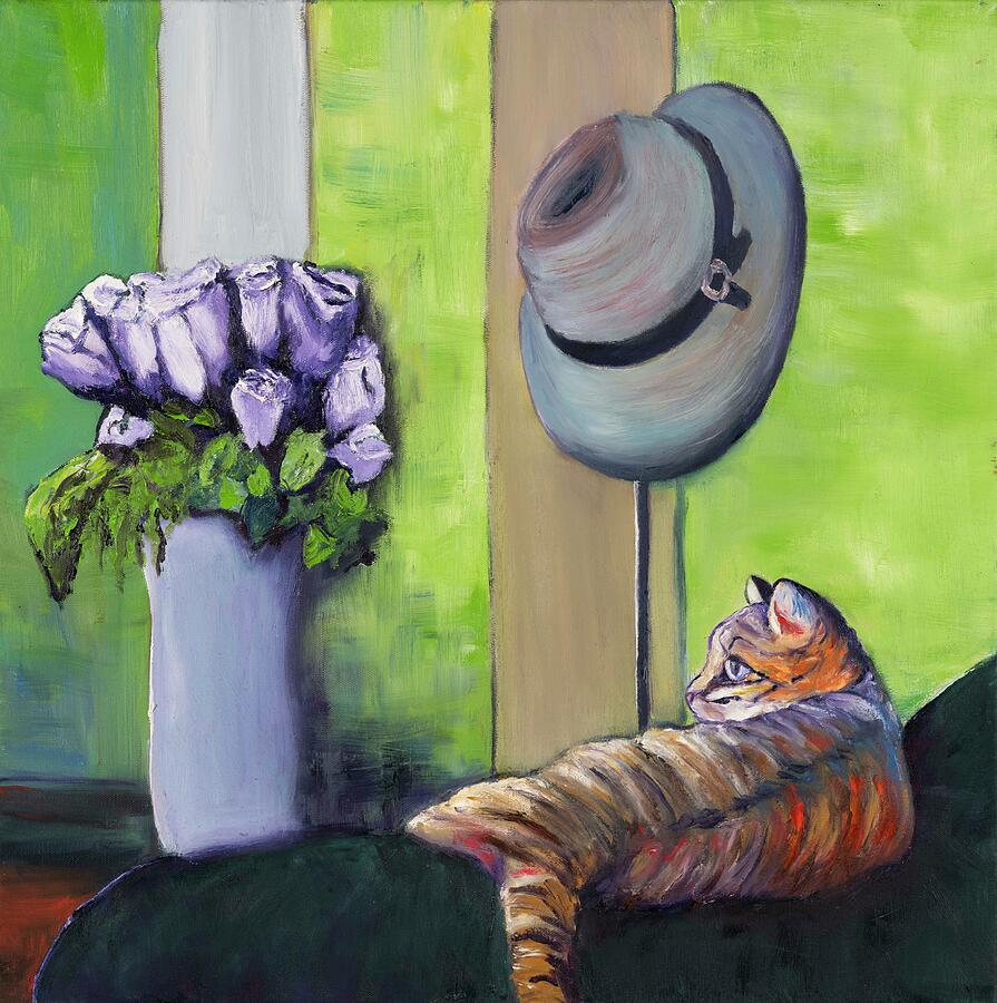 The Cat, the Hat and the Roses Painting by Evelyn Snyder The Cat, the Hat and the Roses Painting by Evelyn Snyder