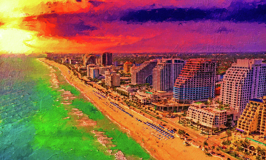 The Central Beach in Fort Lauderdale, Florida, at sunrise - digital painting Digital Art by Nicko Prints
