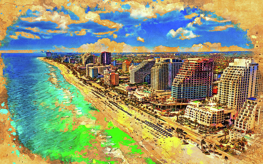 The Central Beach in Fort Lauderdale, Florida - digital painting with vintage look Digital Art by Nicko Prints
