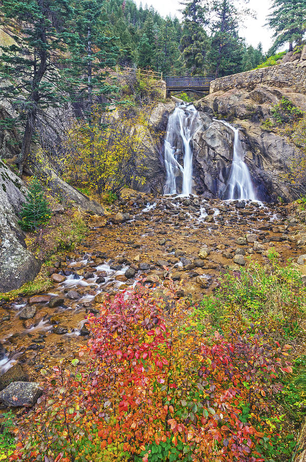 The Cerise Chokecherry Leaves In The Foreground, Helen Hunt Falls, North Cheyenne Canyon, Colorado Photograph by Bijan Pirnia