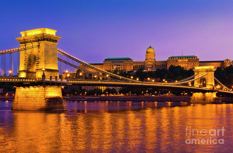 Sunset Photograph - The Chain Bridge over the river Danube with the Hungarian National Gallery, Budapest, Hungary by Neale And Judith Clark