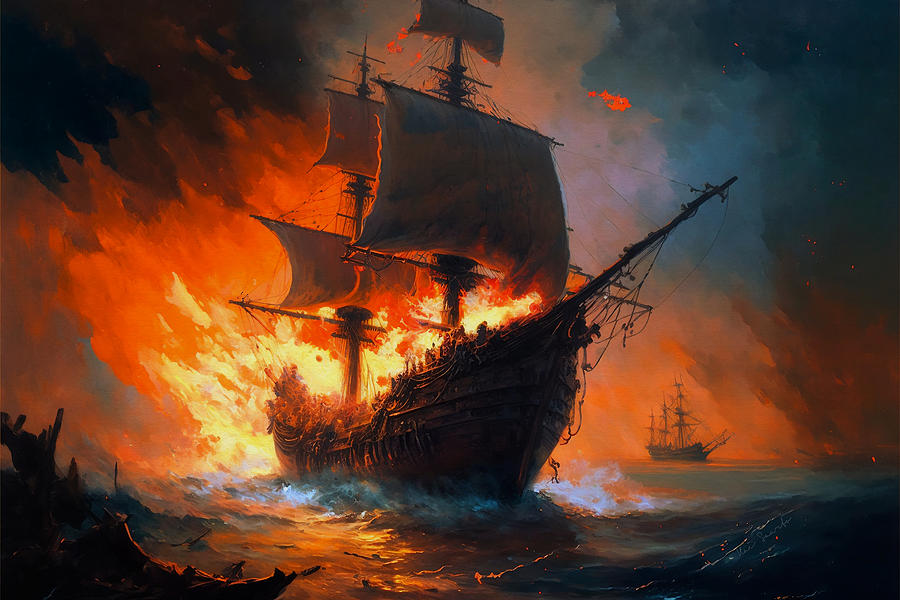 The Chaos of Battle - A Painting of a Burning War Galleon Painting by Kai Saarto