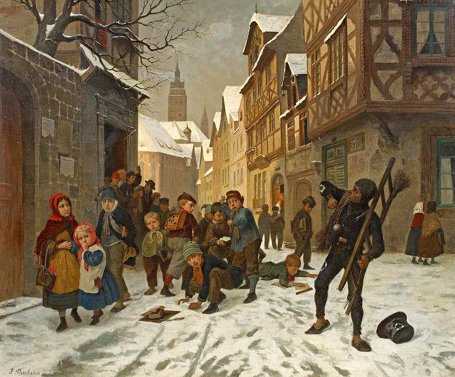 The Chimney Sweep Hit with Snowballs by the Schoolchildren Painting by Fritz Paulsen