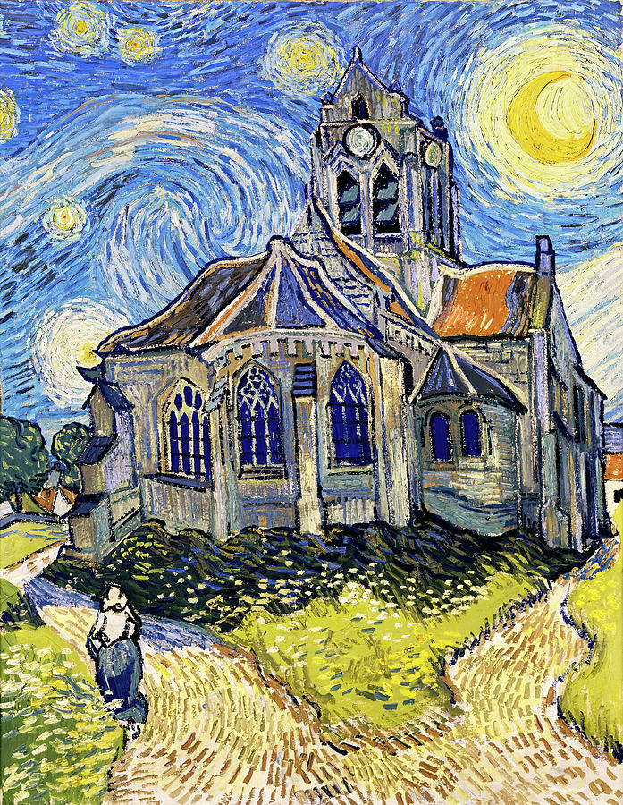 The Church at Auvers on a Starry Night - digital recreation Digital Art by Nicko Prints