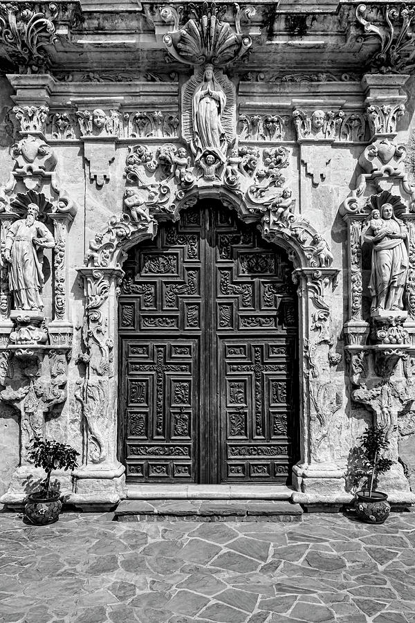 San Antonio Photograph - The Church Door in Black and White by Kelley King