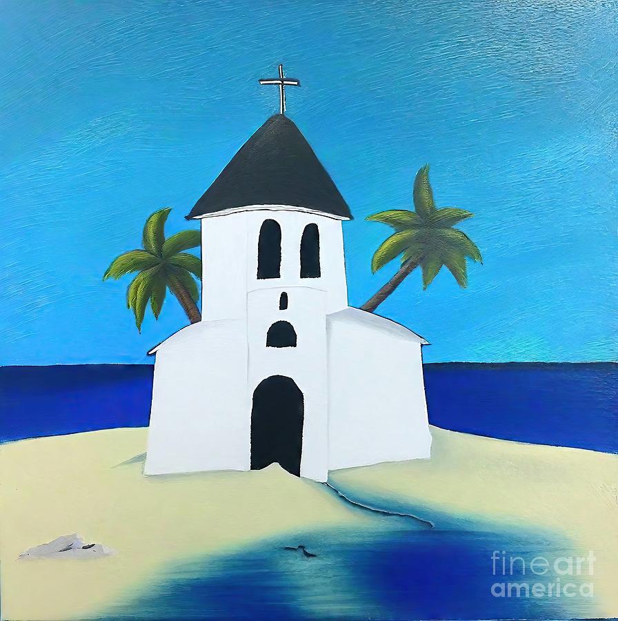Unique Painting - The church of Locmaria Painting Church palmtrees ocean blue sky light sun island French artist oil painting God emerging artist investment art artist beautiful blue canvas city design greece home by N Akkash