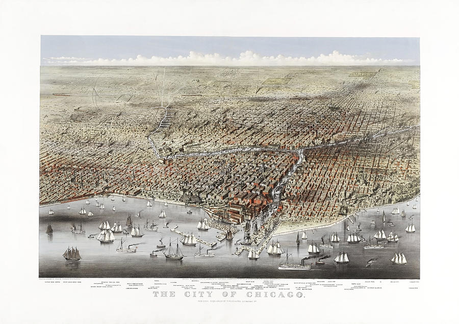 Currier And Ives Painting - The City of Chicago Birds Eye View - 1874 by War Is Hell Store