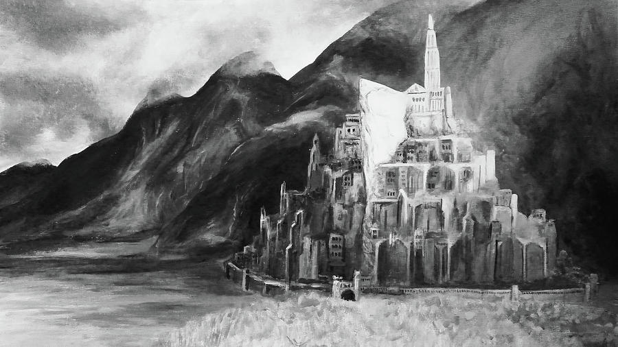 Fantasy Painting - The City of Minas Tirith in Black and White, The Lord of the Rings by Aneta Soukalova