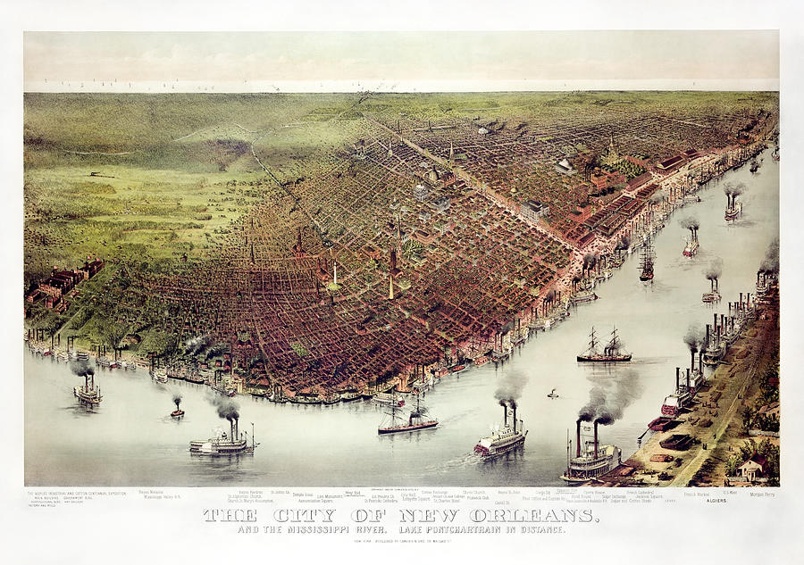 The City Of New Orleans - Birds-eye View - 1885 Painting by War Is Hell Store