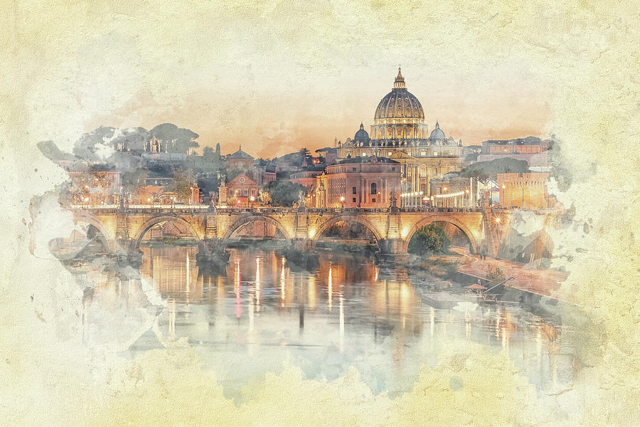 Architecture Mixed Media - The City of Rome at sunset by Manjik Pictures