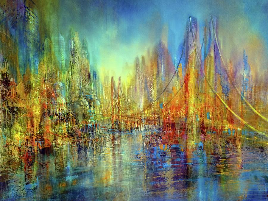 The city on the river in the golden light Painting by Annette Schmucker