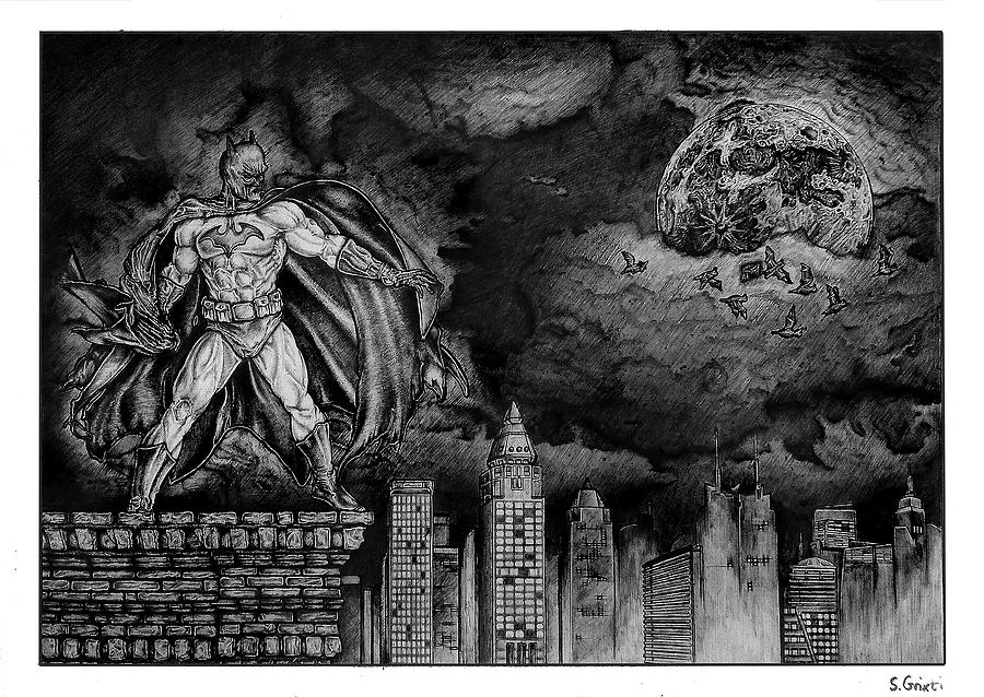 The Classic Batman looking over Gotham drawing Drawing by Stephan Grixti