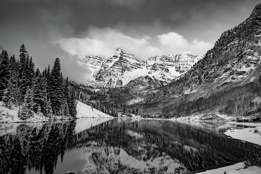 The Classic Bells Over Maroon Lake - Black and White Photograph by Gregory Ballos