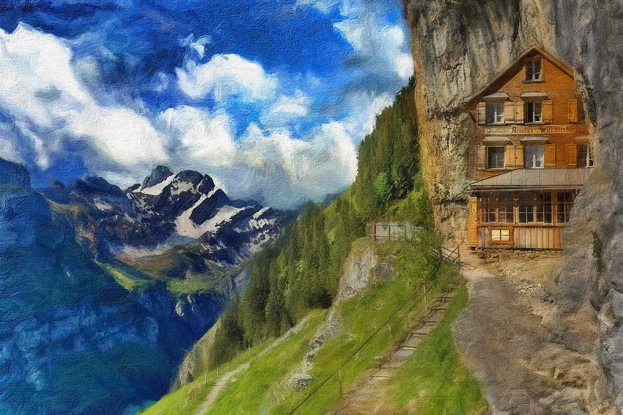 The Cliffhanging Restaurant in Switzerland  Digital Art by Russ Harris