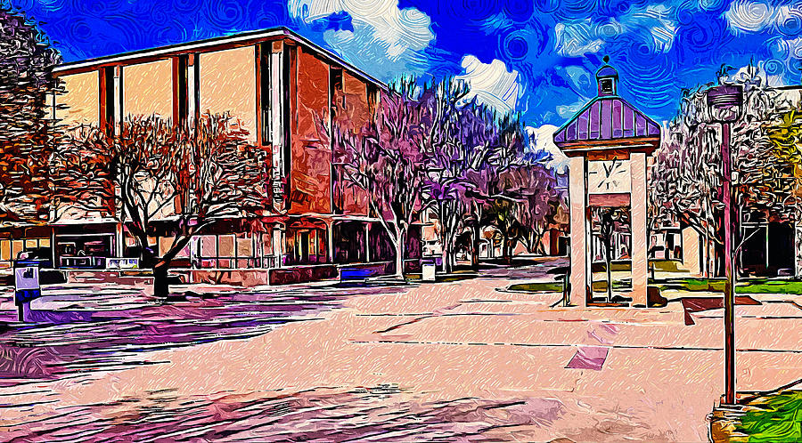 The clock tower at the Amarillo Colleges Washington Street campus - impressionist painting Digital Art by Nicko Prints