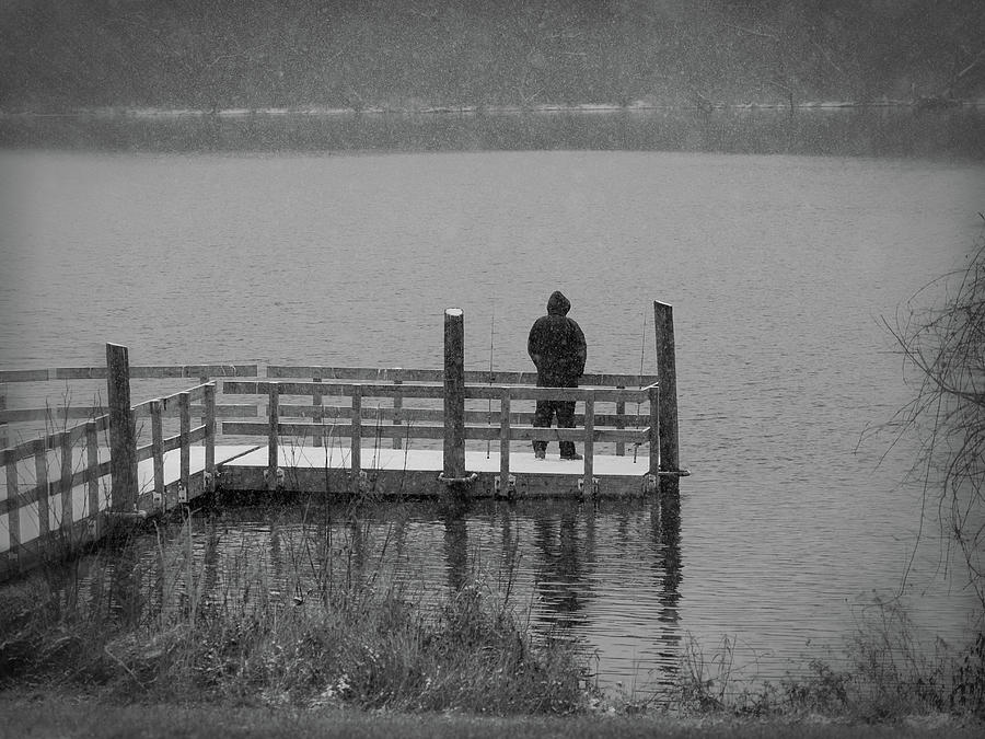 The Cold Lonely Angler in Black and White Photograph by William Jobes