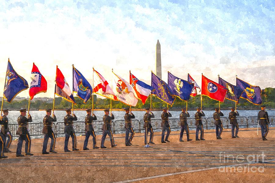 The Color Guard bearing state flags marches in the Twilight Tattoo at the Tidal Basin in Washington  Photograph by William Kuta