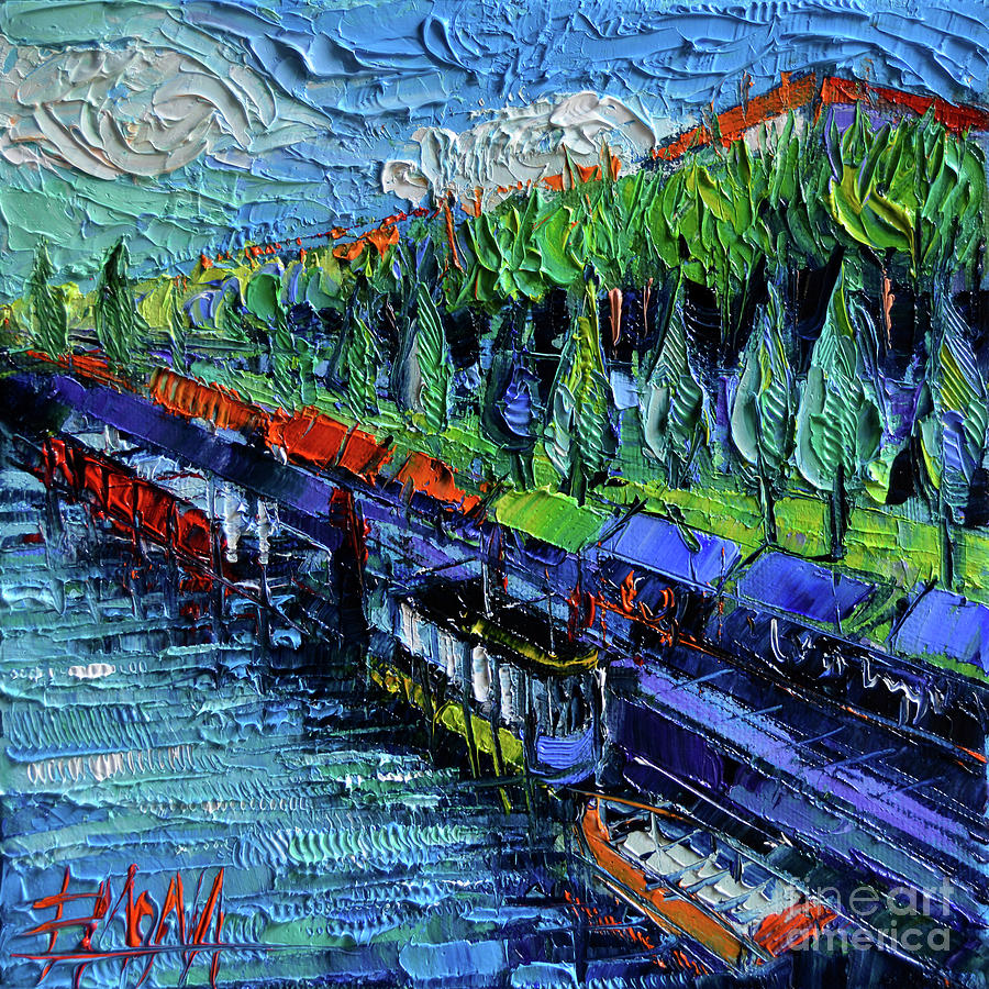 THE COLORFUL QUAYS OF THE RHONE RIVER palette knife oil painting Painting by Mona Edulesco