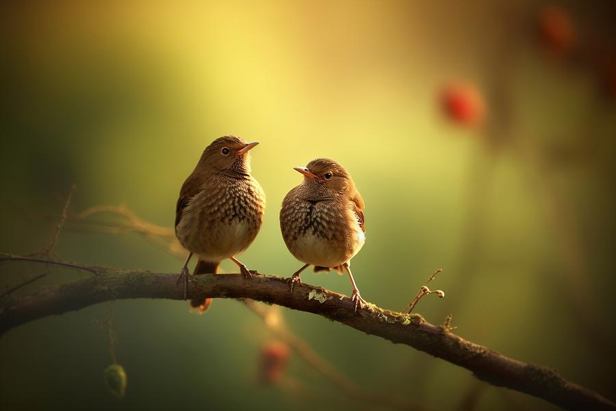 Two little birds sitting on branch of tree. Photograph by Hani Hakkam