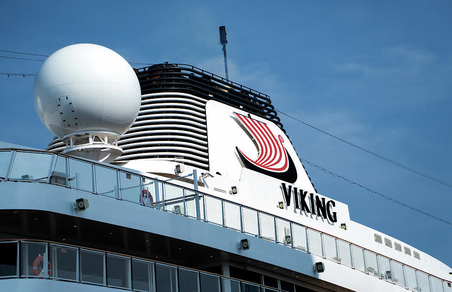 The company logo for Viking Ocean Cruises on Viking Sky.  Photograph by Phil Cardamone