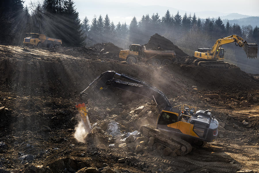 The construction machinery  prepare the ground for the construction of highway S7, Naprawa, Poland Photograph by ewg3D