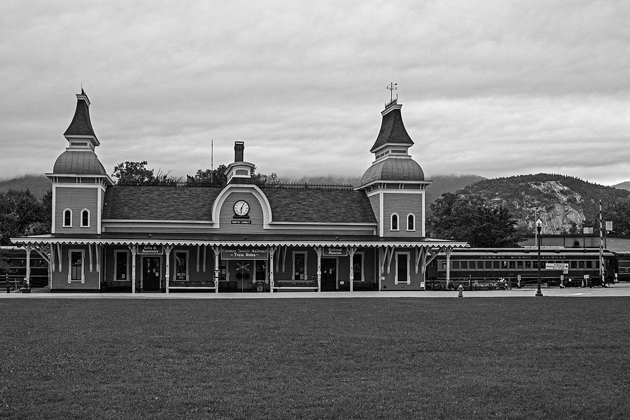 The Conway Scenic Railroad Dramatic Sky White Mountains North Conway New Hampshire NH BW Photograph by Toby McGuire