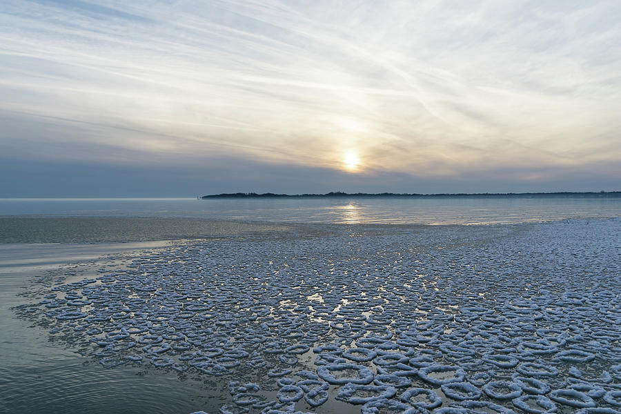 Sunset Photograph - The Coolest Lily Pad Ice - Lake Erie Sunset at Crystal Beach Waterfront by Georgia Mizuleva