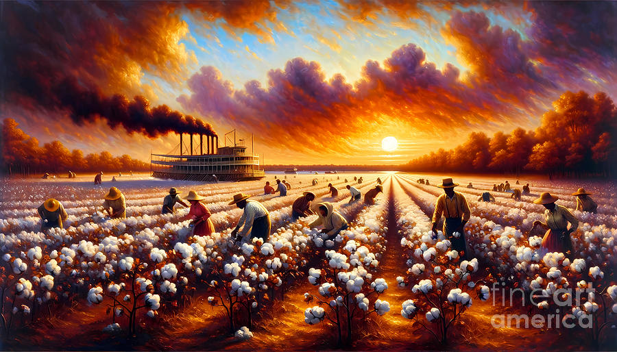 Sunset Painting - The cotton fields of the Mississippi Delta at sunset, with sharecroppers and a steamboat by Jeff Creation