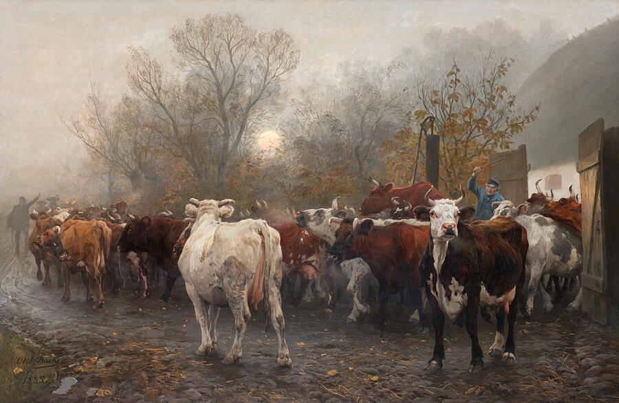 Animal Painting - The cows are driven out of the barn by Otto Bache