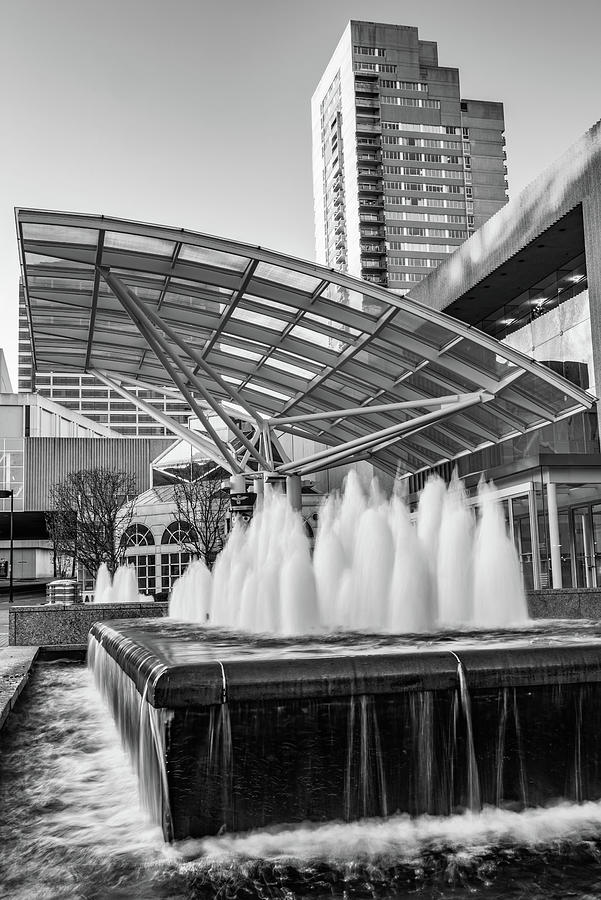 The Crown Center Fountains Of Kansas City Missouri - Black And White Photograph by Gregory Ballos