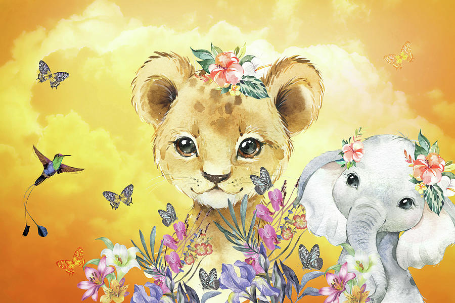 The Cute Baby Elephant Brings Flowers To The Lion Cub Mixed Media by Johanna Hurmerinta