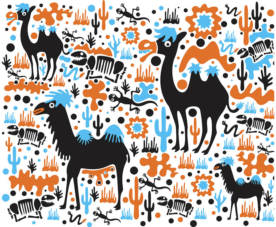 Wildlife Drawing - the Cute Desert - Funny Camel, cactus, skeleton, lizard pattern illustration by Julien