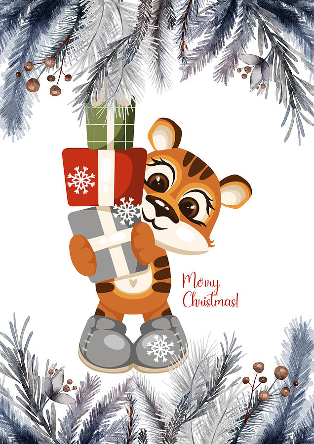 The Cute Merry Christmas Tiger Mixed Media by Johanna Hurmerinta