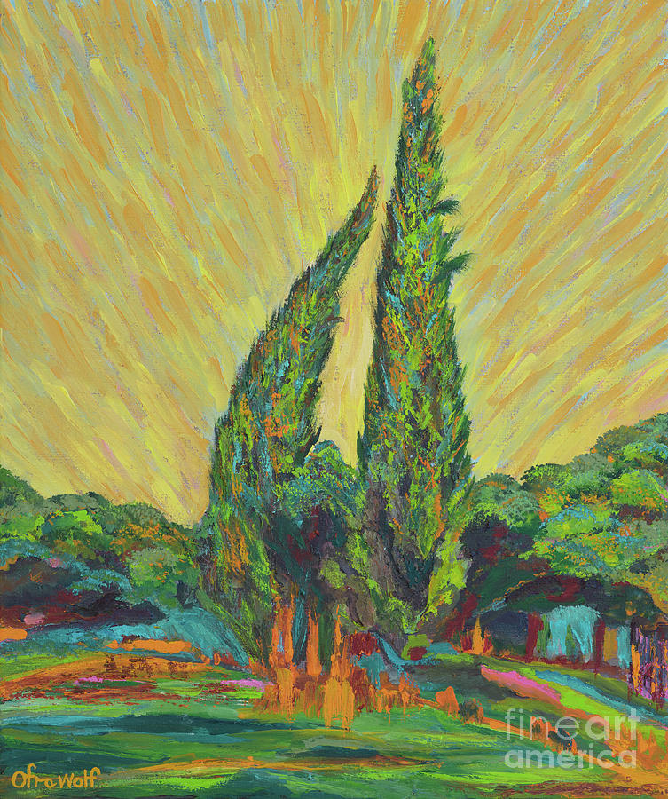 The cypresses at the foot of the water Painting by Ofra Wolf