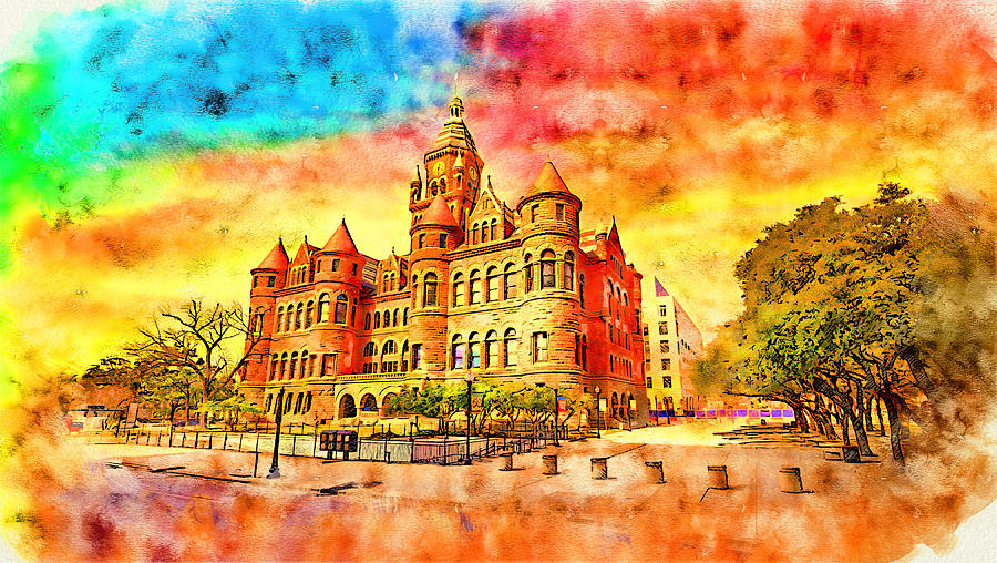 The Dallas County Courthouse at sunset - pen and watercolor Digital Art by Nicko Prints