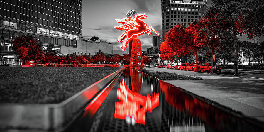 The Dallas Flying Pegasus In Red Selective Color Panorama Photograph by Gregory Ballos