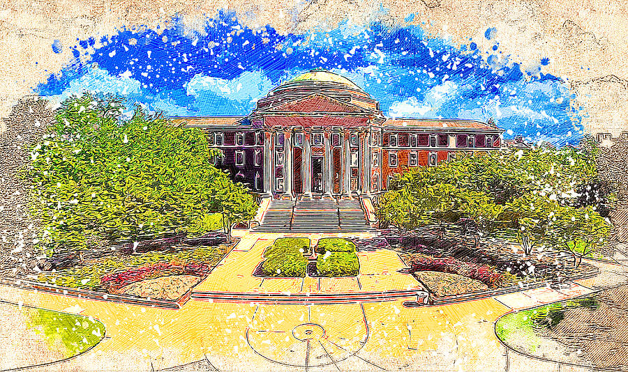 The Dallas Hall of the Southern Methodist University in Dallas, Texas - colored drawing Digital Art by Nicko Prints