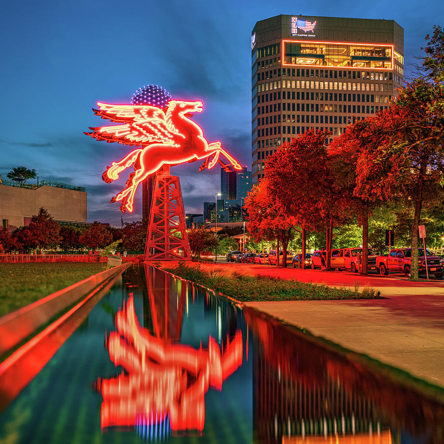 The Dallas Red Neon Pegasus at Dusk Photograph by Gregory Ballos
