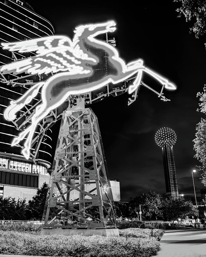The Dallas Texas Flying Pegasus And Reunion Tower - Black and White Photograph by Gregory Ballos