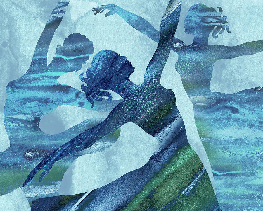 The Dance Of Blue Watercolor Ballerinas Silhouette III Painting by Irina Sztukowski