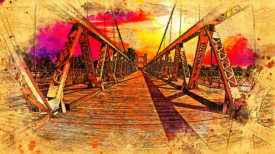 The deck of Waco Suspension Bridge at sunset - digital painting with a vintage look Digital Art by Nicko Prints