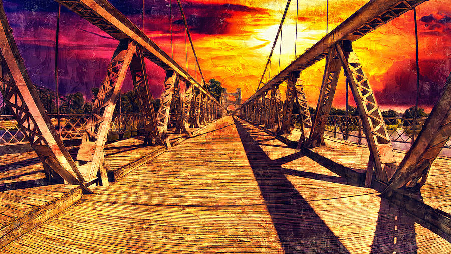 The deck of Waco Suspension Bridge at sunset - impasto oil painting Digital Art by Nicko Prints