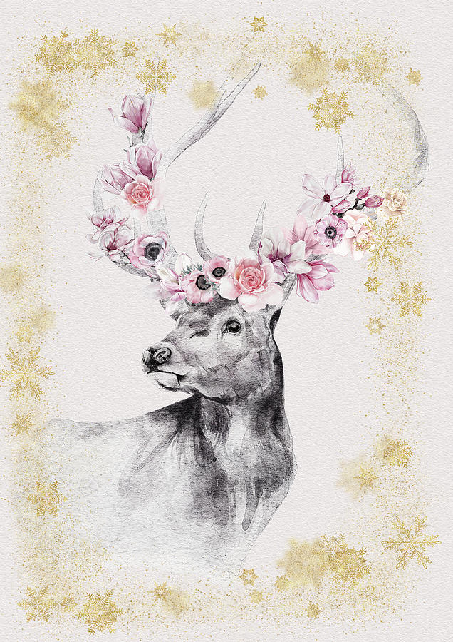 The decorative deer with golden snow Mixed Media by Johanna Hurmerinta