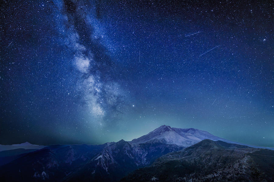 The Delta Aquariids meteor shower and Milky Way over Mount St. Helens, at Windy Ridge in Washington State Photograph by Diana Robinson Photography