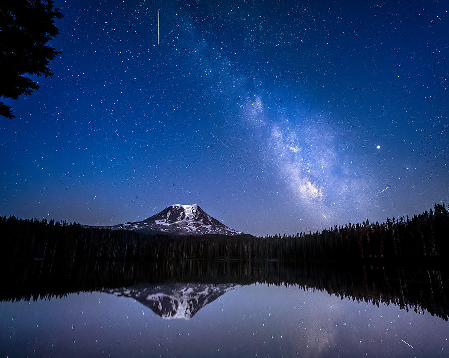 The Delta Aquariids meteor shower and Milky Way over Mt. Adams at Lake Takhlakh, Washington State Photograph by Diana Robinson Photography