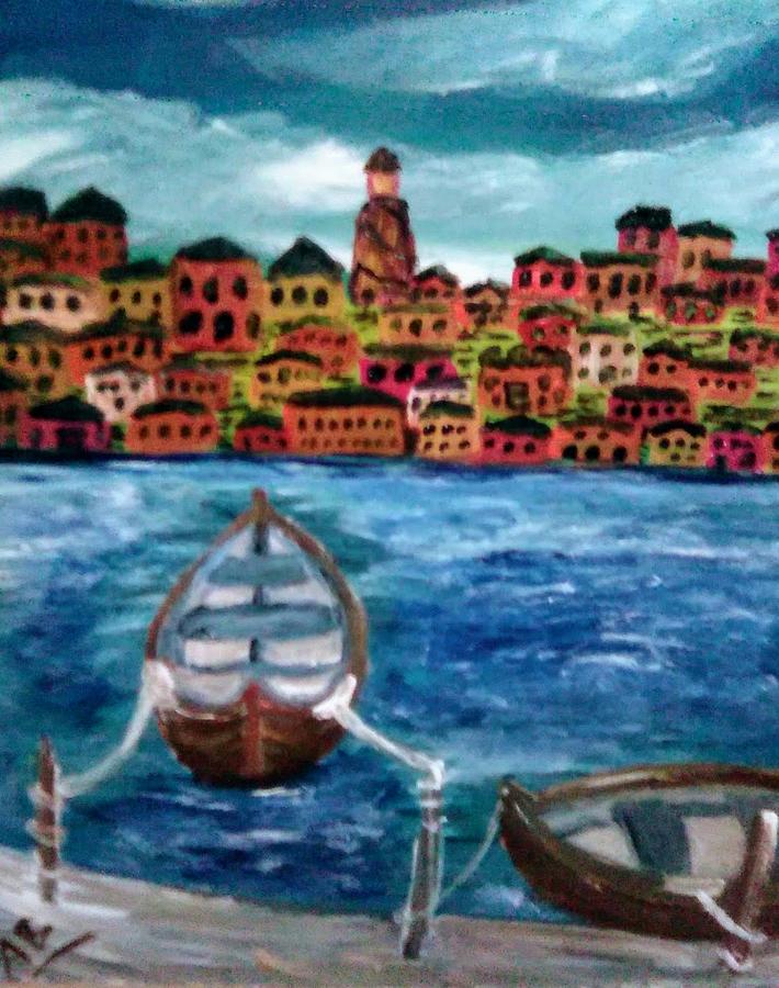 The Docks at Santo Porto Stefano Painting by Andrew Blitman