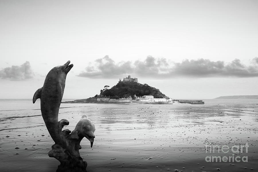 The Dolphins and St Michaels Mount in Monochrome Photograph by Terri Waters