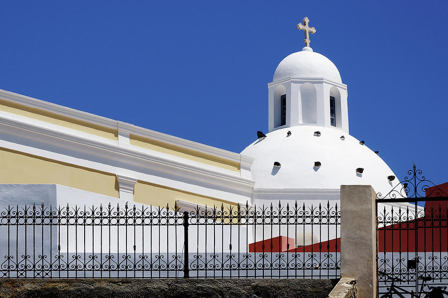 The Dome Behind the Fence -- Santorini Dominican Convent in Santorini, Greece Photograph by Darin Volpe